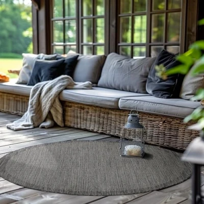 Afbeelding van Ronde Buitentapijt voor Terras, Balkon en Tuin, Keukentapijt in Effen Design, Weerbestendig Platgeweven met Sisal Look, Wasbaar Tapijt 200 cm Rotondo, Zwart