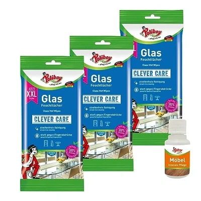 Afbeelding van Poliboy XXL glazen vochtige doekjes, streepvrije reinigingsdoekjes voor glasoppervlakken, praktische raamdoeken, 3 x 24 doeken, met productmonster, Made in Germany