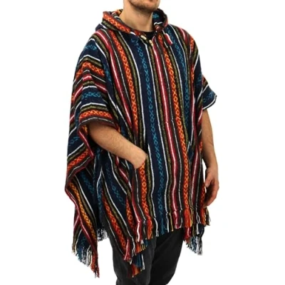 Afbeelding van LOUDelephant poncho met capuchon van 100% geweven katoen, Gheri stijl, Mexicaanse blauw en rood