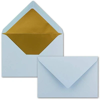 Afbeelding van enveloppen in lichtblauw 75 stuks DIN C6 (114 x 162 mm) 11,4 16,2 cm natte plakrand mat oppervlak en goud metallic voering zonder venster voor uitnodigingen