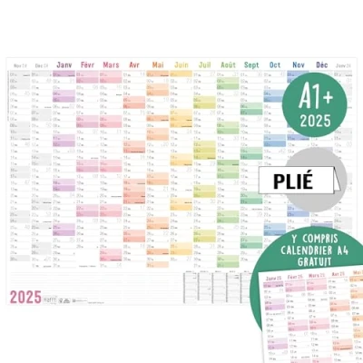 Afbeelding van Häfft® XXL wandkalender 2025, A1+, in het Frans (89 x 63 cm) gevouwen &quot;Rainbow&quot; + gratis A4 jaarplanner, wandplanner met Franse feestdagen, duurzaam en klimaatvriendelijk