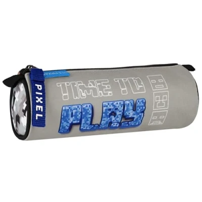Afbeelding van Pixel Grijs ronde etui voor jongens, met ritssluiting 22x8x8 cm