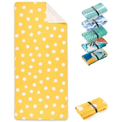 Afbeelding van Fit Flip Stranddeken XXL Microvezel strandhanddoek groot handdoek licht en sneldrogend 100% gerecyclede badhanddoek Lemon Polka 200cmx90cm