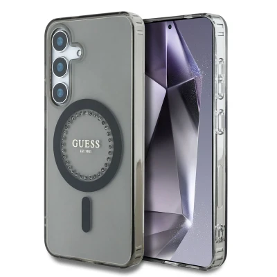 Afbeelding van Guess Galaxy S25 Backcover hoesje Rhinestones Printed Classic Logo MagSafe Zwart