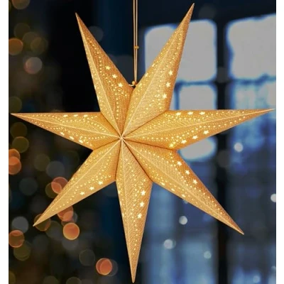 Afbeelding van BRUBAKER 3D Hangende Kerstster Raampapier Ster met E14 Voet 60 cm Advent Decopatroon Kerst Lichtster Set 3,5 m Kabel Ophangen Goud