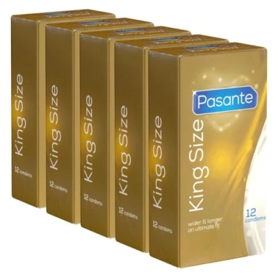 Afbeelding van Pasante King Size, extra grote condooms met 60 mm breedte en 205 lengte, ideaal voor mannen die meer ruimte nodig hebben, 5 x 12 stuks (verpakking van stuks)