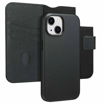 Afbeelding van Apple iPhone 15 MagSafe Hoesje Echt leder Accezz Bookcase/2 in 1 Case Zwart Telefoonhoesje