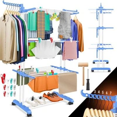 Afbeelding van KESSER® Droogtoren met zwenkwielen, inklapbaar, ruimtebesparend droogrek voor binnen en buiten, 4 niveaus, 2 draaibare zijvleugels 6 inklapbare planken, wit/blauw