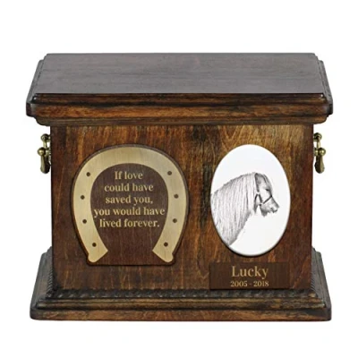 Afbeelding van Art Dog Custom Horse Memorial urn Handgemaakte houten Gepersonaliseerde keramische plaat en gravure Duurzame langdurige 8,3x11,4x8,7 Shetlandpony