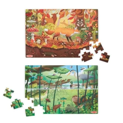 Afbeelding van Melissa &amp; Doug Let&#039;s Explore™ Dubbelzijdige kartonnen zoek en vind vloerpuzzel vergrootglas 48 extra grote puzzelstukjes