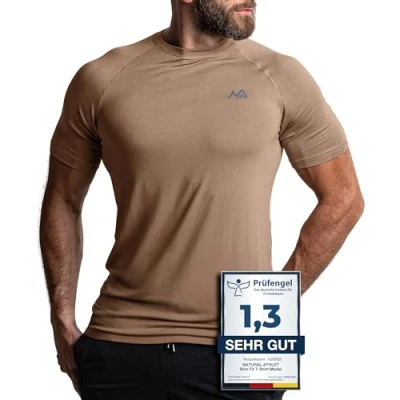 Afbeelding van Natural Athlet Slim Fit Fitness T shirt voor heren lang sneldrogend gym bodybuilding, krachttaining en sport, zand, L