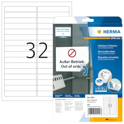 Afbeelding van HERMA 4209 universele etiketten A4 afneembaar (96 x 16,9 mm, 25 velles, papier, mat) zelfklevend, bedrukbaar, verwijderbaar en opnieuw klevende etiketten, 800 voor printer, wit