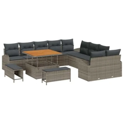 Afbeelding van vidaXL 13 delige Tuin Sofa Set met Kussens Grijs Poly Rattan Acacia, 2 Zits Opslag &amp; Rattan, 3 Eetset Acacia