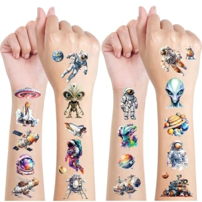 Afbeelding van Ruimte Glitter Tattoo Set, 12 Vellen Tijdelijke Tatoeages voor kinderen, Waterdichte Nep Tatoegeringsreeks Met, Feestdecoratie, Tatoeagestickers Gongens en Meisjes