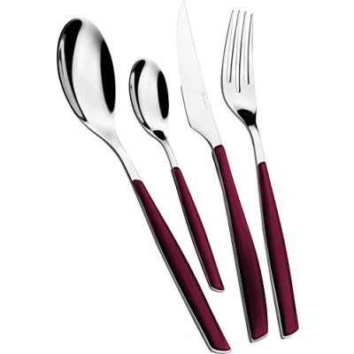 Afbeelding van BUGATTI, Glamour bestekset 24 delig roestvrij staal 18/10 en handvat in de kleur ROOD GRANATA, voor 6 personen, bestaande uit lepels, vorken, messen koffielepels
