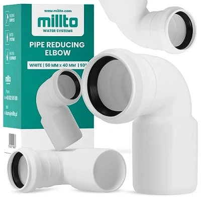 Afbeelding van Millto™ Verloopstuk, boog, 50 x 40 mm, 90 graden, wit, buisbocht, afvoer, riolering, sanitaire pijp, afvoerpijpverbinder, afvoerpijpspruitstuk, rioleringssystemen, polypropyleen