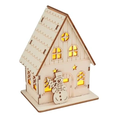 Afbeelding van VBS houten bouwpakket huis met sneeuwpop incl. LED 9 delen kerstdorp winterhuis kerst DIY set kerstdecoratie
