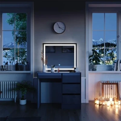 Afbeelding van Vicco Make uptafel set met kruk &quot;Sherry&quot;, Antraciet Hoogglans, 90 cm LED verlichting en