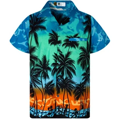 Afbeelding van V.H.O. Funky Hawaïhemd heren korte mouwen voorzak Hawaii print strand palmen diverse kleuren, Beach Ekletafel Turquoise, L