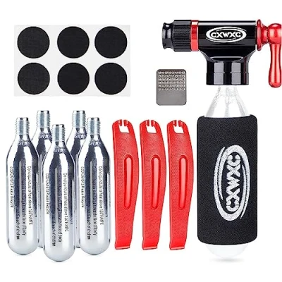 Afbeelding van Kadacha CO2 opblaasset met schroefdraadpatronen, 5 x 16 g, compatibel Presta en Schrader ventielen, draagbare pomp voor fietsbanden, multifunctioneel gereedschap fiets (StyleA)