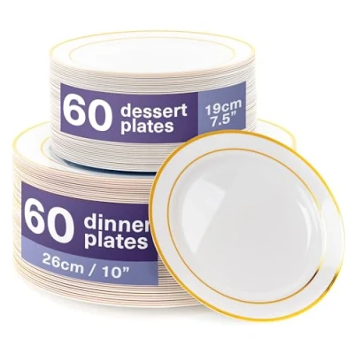 Afbeelding van MATANA 120 Premium Witte Plastic Borden met Gouden Rand voor Bruiloften, Verjaardagen, Doopfeesten, Kerstmis en Feesten (2 Maten: 60 x26 cm, x19 cm) Stevig, Stijve Herbruikbaar