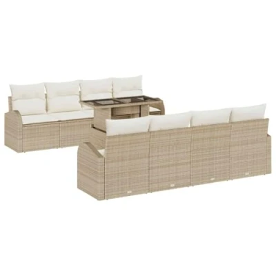 Afbeelding van vidaXL 9 delige tuinbankset met kussens Beige Poly Riet