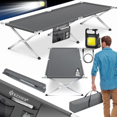 Afbeelding van KESSER® Campingbed, opklapbed met draagtas, zijtas en campinglicht, stabiel veldbed, 190 x 73 45 cm, tot 150 kg belastbaar, metalen buizen, 600D Oxford weefsel, draagbaar ligbed, comfortabel voor op
