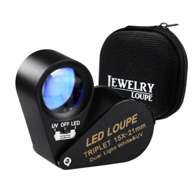 Afbeelding van 15x 21mm Optiek Glas loep 6 LED &amp; UV Vergrootglas Juwelier Opvouwbaar Zak Zwart Kader Drieling Lens Edelsteen