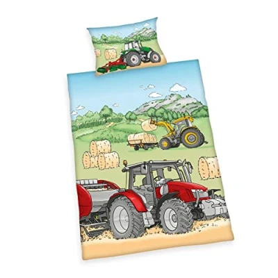 Afbeelding van Herding tractorbeddengoedset, gemaakt in groen door Öko TEX, kussensloop ca. 40 x 60 cm, dekbedovertrek 100 135 met gladde merkrits, 100% katoen/versterkt