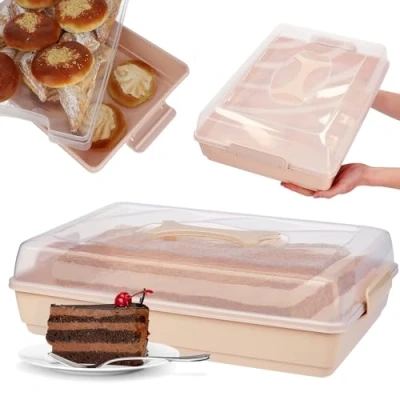 Afbeelding van KADAX Taartdoos met deksel, 44 x 30 12,5 cm, kunststof taarthouder, transportdoos handvat, bakvorm, voor blikcake, muffins, rechthoekig, voedseldoos (roze)