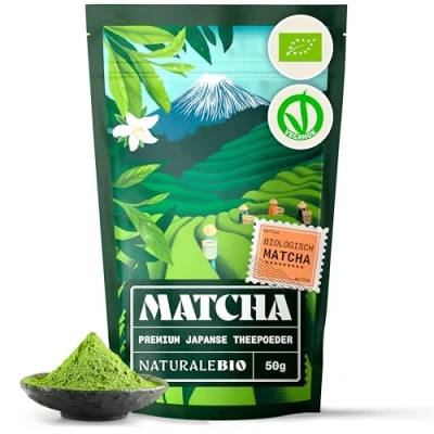Afbeelding van Biologische Matcha Thee in poeder Premium Kwaliteit 50 gram. Bio Japanse Groene Thee. Geproduceerd Uji, Kyoto Japan. Ideaal om te drinken, voor gebak, smoothies, ijsthee en melk.