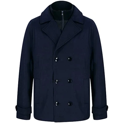 Afbeelding van Uxmal Double Breasted Wool Look Pea Coat with Quilted Mock Insert in Navy Tokyo Laundry XL
