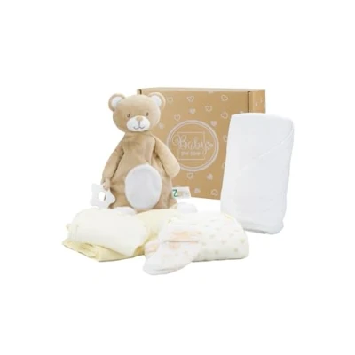 Afbeelding van baby Box Shop 6 Essentials voor pasgeboren Unisex, ideale shower geschenken &amp; doop geschenken, inclusief een dekbed, crème capuchon babyhanddoek, mousseline doek, bodysuit
