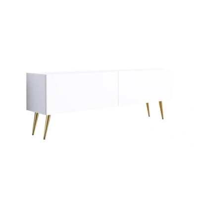 Afbeelding van 3E 3xE living.com TV kast: twee deuren, planken, kleur: mat wit, gouden poten D: L: 140 cm, H: 52 32 cm