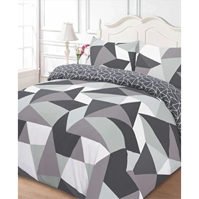 Afbeelding van Dreamscene Geometrische Vormen Eenpersoons Dekbedovertrek met Kussensloop Omkeerbaar Beddengoed Set, Zwart Grijs Wit