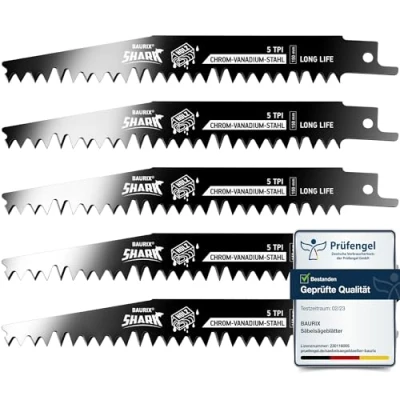 Afbeelding van BAURIX® Reciprozaagbladen hout SHARK® [5 Stuks] 150 mm 5 TPI Houtzaagbladen voor snelle en zuivere zaagsneden Zaagbladen ruw hout, vochtig brandhout, loofhout