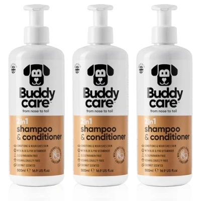 Afbeelding van Buddycare 2 in 1 shampoo &amp; conditioner, praktische hondenshampoo en conditioner één, met aloë vera pro vitamine B5 (3 x 500 ml)