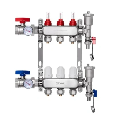 Afbeelding van VEVOR Verwarmingsspruitstuk met 3 takken, 12,7 mm PEX leidingen van roestvrij staal, adapters, voor hydronische straalvloeren, collectorkit