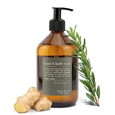 Afbeelding van Jean &amp; Len Hand Body Wash Rozemarijn en Gember, reinigt verzorgt de huid, Kruidige frisse geur, douchezeep, Vloeibare zeep zonder siliconen, parabenen microplastics, Glazen fles 500ml
