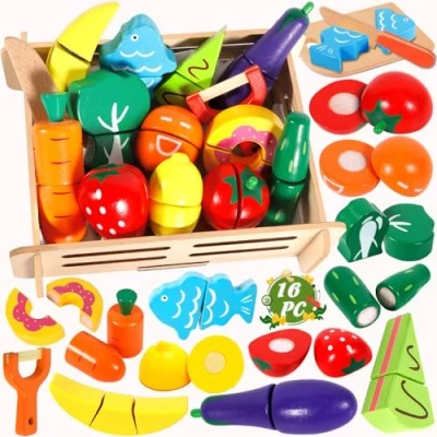 Afbeelding van MULEVIP Speelkeukenaccessoires, kinderkeukenaccessoires, hout, accessoires, kinderkeuken, keukenspeelgoed, snijden, fruit, levensmiddelen, keukenaccessoires voor kinderen met