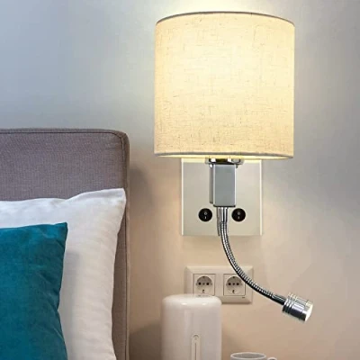 Afbeelding van ZMH Led wandlamp met schakelaar, voor binnen, leeslamp, slaapkamer, stoffen kap, draaibaar, bedlamp, leeslamp flexibele lamp, bedlampje bed, woonkamer, hal, hotel