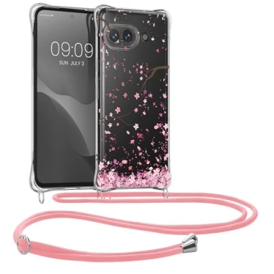Afbeelding van kwmobile telefoonhoesje geschikt voor Google Pixel 9a Hoesje met telefoonkoord Back cover smartphone Case in poederroze / donkerbruin transparant