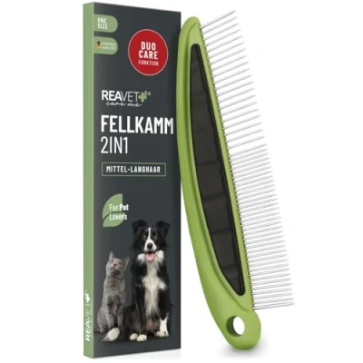 Afbeelding van ReaVET 2 in 1 vachtkam voor honden en katten met medium tot lang haar, dubbele kam, ideaal om knopen klitten op te lossen, hond, kat, hondenkam, kattenkam de dagelijkse vachtverzorging