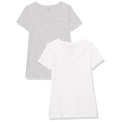 Afbeelding van Amazon Essentials Women&#039;s T shirt met korte mouwen en V hals in klassieke pasvorm, Pack of 2, Lichtgrijs/Wit, S