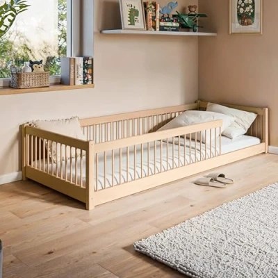 Afbeelding van Kinderbed Vloerbed 90x200 cm Bed met uitvalbescherming &amp; lattenbodem Montessoribed Kinderledikant Jeugdbed Eenpersoonsbed optioneel matras natuurlijk design massief grenenhout jongen meisje