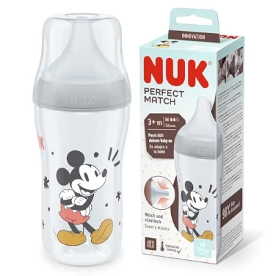 Afbeelding van NUK Perfect Match Mickey babyfles Mouse met temperatuur Control 260 ml vanaf 3 maanden in grijs