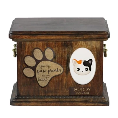 Afbeelding van Art Dog Custom Cat Memorial Urn Handgemaakte houten kist met keramische plaat Gepersonaliseerde kattencrematiedoos 8,3x11,4x8,7 Japanse bobtail