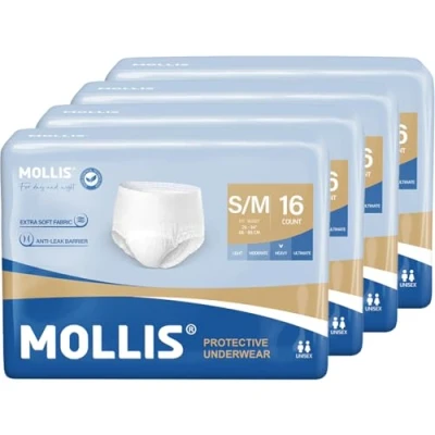 Afbeelding van MOLLIS incontinentie en postpartumondergoed voor volwassenen dames heren, wegwerpondergoed met lekbescherming &#039;s nachts, geurbestrijding, klein/medium, 64 stuks