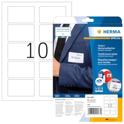 Afbeelding van HERMA 4587 naamelabels A4 afneembaar (80 x 50 mm, 10 velles, acetaatzijde) zelfklevend, bedrukbaar, residu vrije wijderable naamlabels, 100 etiketten voor printer, wit
