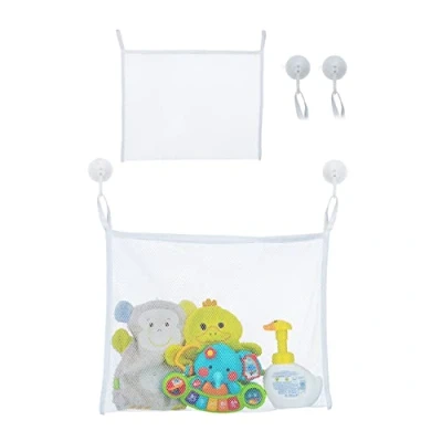 Afbeelding van Relaxdays badspeelgoed organizer, set van 2, met zuignappen, kinderen, H x B: 35 45 cm, netje voor badkuip, wit